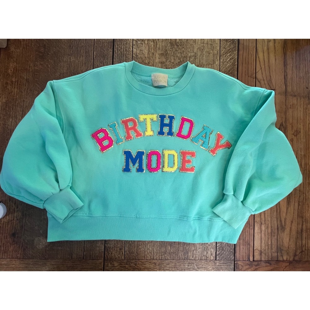 Judith March Birthday Mode teal sweatshirt L glitter rainbow appliqué